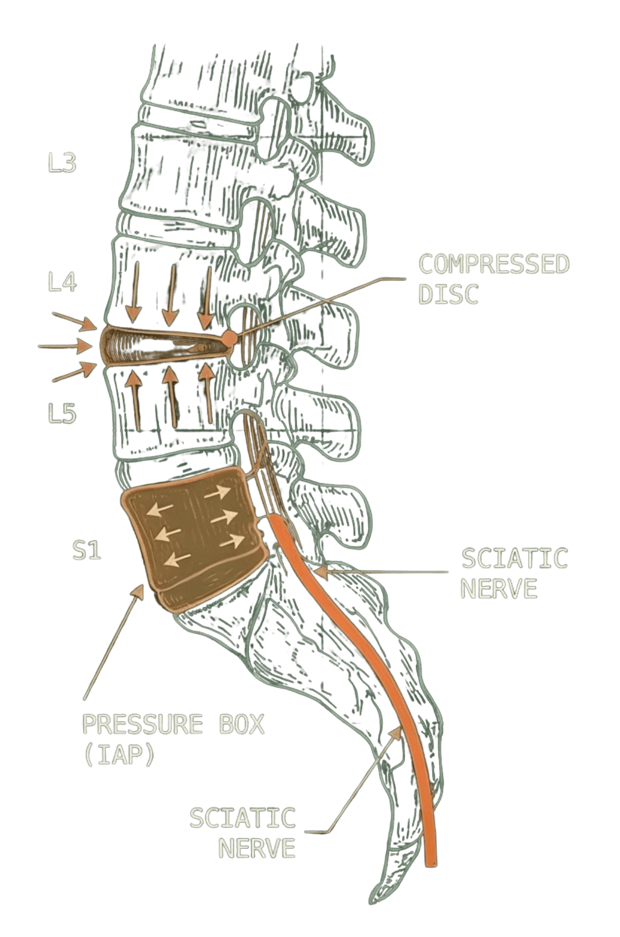 Spine anatomy diagram showing L3 to S1 vertebrae with sciatic nerve and pressure box